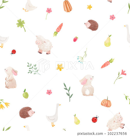 Beautiful children's seamless pattern with hand drawn watercolor cute animals flowers and veggies. Stock illustration. 102237656