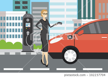 Beauty woman charging an electric vehicle from a charging statio Beauty woman charging an electric vehicle from a charging statio 102237704