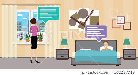 Woman and man talking in Hotel room or Bedroom, Interior flat de Woman and man talking in Hotel room or Bedroom, Interior flat de 102237718