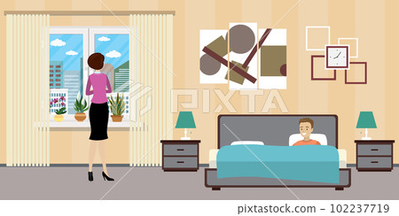 Caucasian Couple in Hotel room or Bedroom , Interior flat design 102237719