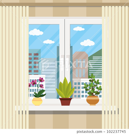 Window with curtain and flowers in pots Window with curtain and flowers in pots 102237745