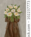 Girl in a coat holding a bouquet of white peonies. Abstract boho poster. Bohemian art print. Modern contemporary illustration for a poster or postcard 102237773