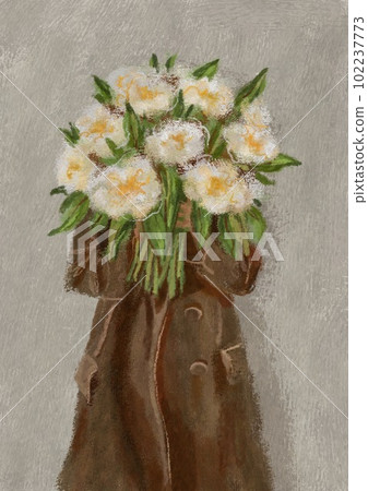 Girl in a coat holding a bouquet of white peonies. Abstract boho poster. Bohemian art print. Modern contemporary illustration for a poster or postcard Girl in a coat holding a bouquet of white peonies. Abstract boho poster. Bohemian art print. Modern contemporary illustration for a poster or postcard 102237773