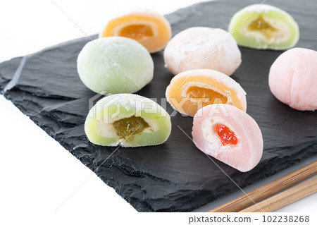Japanese colorful mochi isolated on white background Japanese colorful mochi isolated on white background 102238268