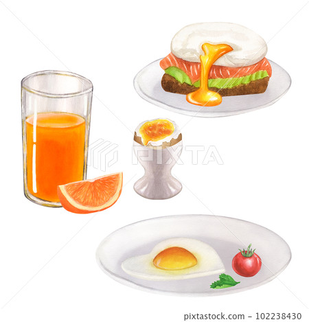 Fresh products for Breakfast: tomato, egg on the plate, poached, glass of orange juice. Hand drawn watercolor illustration isolated on white background. For menu, cookbook design 102238430