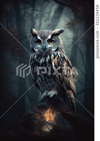 Wild owl in the forest. Colorful realistic style, wildlife element. Generated AI.. Wild owl in the forest. Colorful realistic style, wildlife element. Generated AI.. 102238456