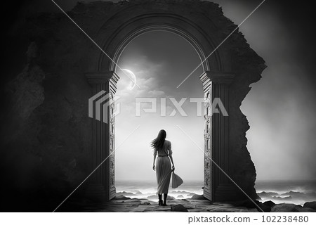 Magic ancient gate of the dark ruins. Black and white background with mystic lightened door. Generated AI. Magic ancient gate of the dark ruins. Black and white background with mystic lightened door. Generated AI. 102238480