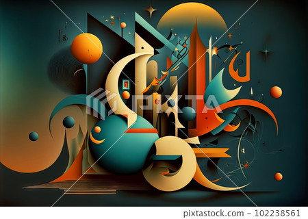 Abstract shapes retro composition in 20s avantrgarde or futurism style. Retro background with surreal mindbending figures. Generated AI. 102238561