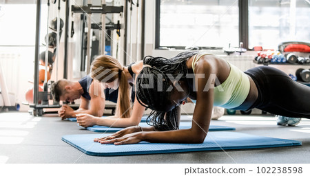 Focused sportive people practicing plank exercise Focused sportive people practicing plank exercise 102238598