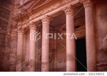 View of the Al-Khazneh Palace or Treasury in Petra, Jordan. 102238631