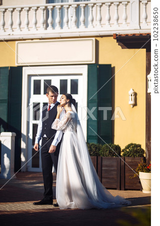 Newlyweds tenderly hug, kiss and enjoy each other. Walk of lovers. Amazing smiling wedding couple. Love. Newlyweds tenderly hug, kiss and enjoy each other. Walk of lovers. Amazing smiling wedding couple. Love. 102238650