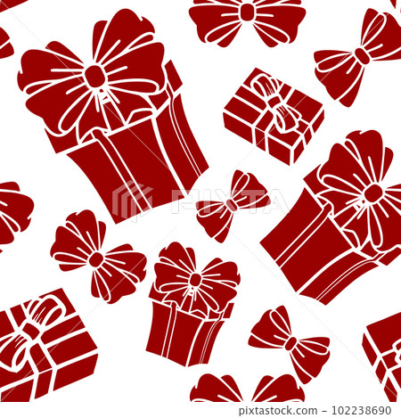 seamless asymmetric pattern of red gift boxes on a white background, texture, background 102238690