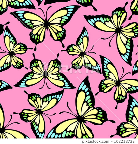seamless pattern of bright colored butterflies on a pink background, texture, design 102238722