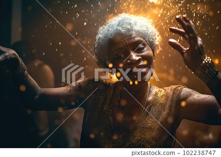 Carefree old black woman wears shiny dress and dancing at her anniversary party. Generative AI illustration 102238747