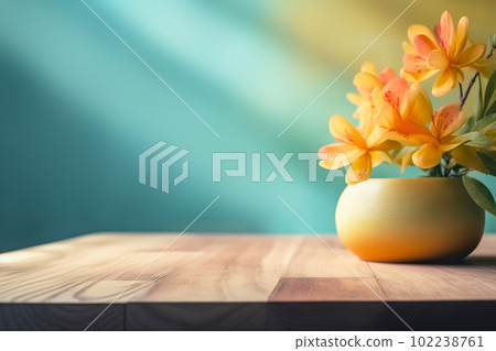 Empty wooden tabletop with colorful flowers background for advertising and presentation. Selective focus on tabletop. Generative AI illustration 102238761