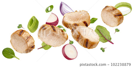 Grilled chicken slices with vegetables isolated on white background Grilled chicken slices with vegetables isolated on white background 102238879