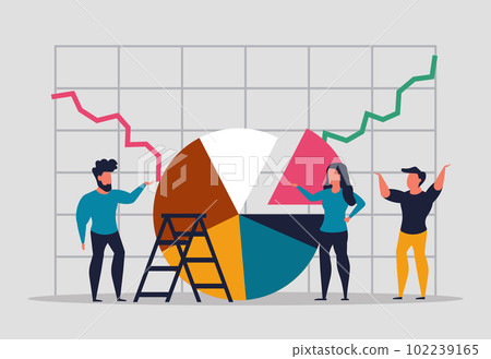 Graph analysis, company profit statistics. Team analyzes data together, teamwork. Large amount data for analysis and information concept. Chart analysis and business information. Vector illustration Graph analysis, company profit statistics. Team analyzes data together, teamwork. Large amount data for analysis and information concept. Chart analysis and business information. Vector illustration 102239165