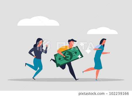 Saving money, people carry a banknote and run. Capital or wages for company employees. Bank insurance of funds and investments in the future. Vector illustration Saving money, people carry a banknote and run. Capital or wages for company employees. Bank insurance of funds and investments in the future. Vector illustration 102239166