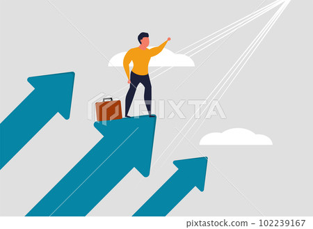 Businessman moves forward and develops his company. Growth and financial progress. A man stands on the arrows and points up. Vector illustration 102239167
