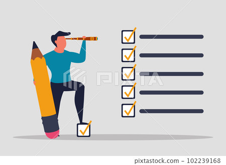 A man performs tasks, completing assignments to the end. List of cases or tasks, business project implementation. The man holds a pencil and marks the completed items of the task. Vector illustration 102239168