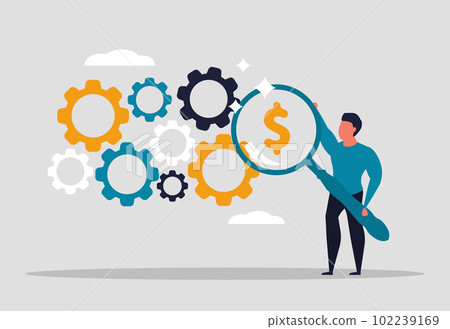 Work optimization for more efficient results. A man stands with a magnifying glass and examines the gears. Company profit and cost strategy. Vector illustration concept Work optimization for more efficient results. A man stands with a magnifying glass and examines the gears. Company profit and cost strategy. Vector illustration concept 102239169
