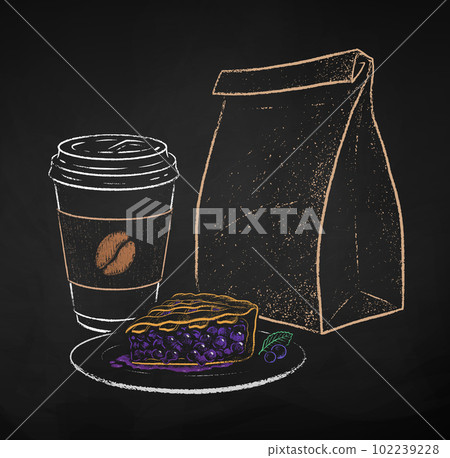Coffee cup with blueberry pie and paper bag 102239228
