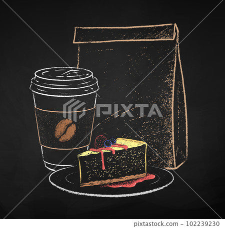 Coffee cup with Cheesecake and paper bag Coffee cup with Cheesecake and paper bag 102239230