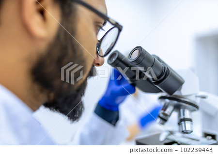 Scientist conducts experiments, adjusts specimen in petri dish and looking on it into microscope Scientist conducts experiments, adjusts specimen in petri dish and looking on it into microscope 102239443
