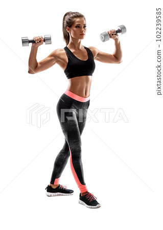 Strong woman exercising with dumbbells for arms. Photo of woman working out with dumbbells on white background. 102239585
