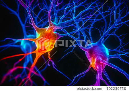 An image of neurons involved in the sense of time, such as those in the supramarginal gyrus. Generative Ai. 102239758
