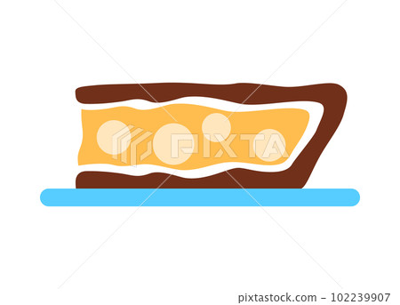 Pie slice with berry isolated on white background. Delicious baked frosted treat piece with lemon filling. Abstract apple bakery sign. Flat pastry on plate Minimal food logo design vector illustration 102239907