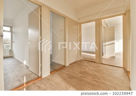 an empty room with white walls and wood flooring on the right, there is a large mirror in the middle 102239947
