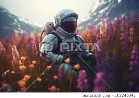 An astronaut in a space suit discovers a new world, surrounded by a colorful field of flowers and a butterfly. Perfect for science fiction and fantasy concepts. AI Generative. 102240342