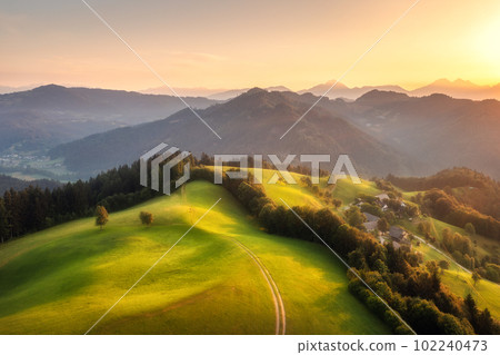 Aerial view of country road in green hills at sunset in summer Aerial view of country road in green hills at sunset in summer 102240473