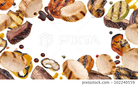 Grilled meet slices and chopped barbecue vegetables isolated on white background 102240559