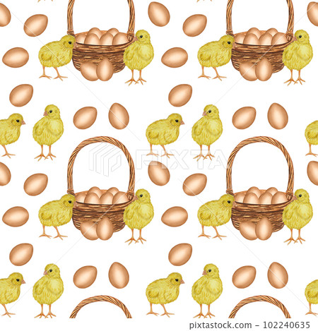 Seamless pattern yellow chickens brown eggs shell in the basket. Farm product. Protein. Happy easter. Hand drawn watercolor illustration isolated on white background. For menu, cookbook design, card Seamless pattern yellow chickens brown eggs shell in the basket. Farm product. Protein. Happy easter. Hand drawn watercolor illustration isolated on white background. For menu, cookbook design, card 102240635