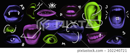 Punk collage elements. Eyes and lips and ear in halftone treatment. Retro magazine clippings. Mouth on black background. Acid colors with white doodles Vector illustration.  Punk collage elements. Eyes and lips and ear in halftone treatment. Retro magazine clippings. Mouth on black background. Acid colors with white doodles Vector illustration.  102240721