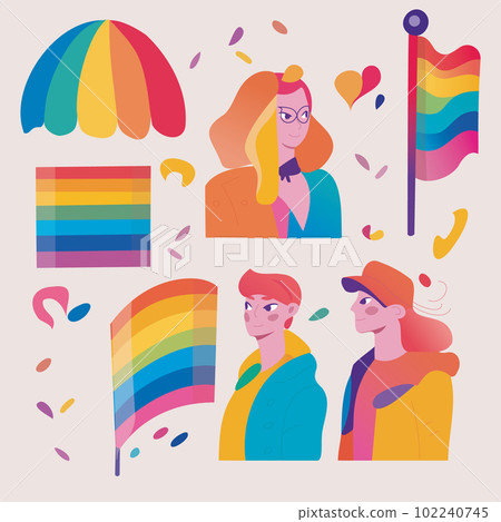 LGBTQ Pride Parade Set. Vector illustration of a gay pride parade. A group of people participating in the Pride parade. LGBT community 102240745