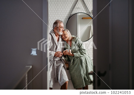 Senior couple having morning routine in their bathroom. 102241053