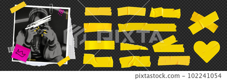 Yellow duct tape for photo collage. Bright scotch tape for the frame. Collage frame with girl photo, barcode, paper clip and stickers and torn paper. Vector elements 102241054