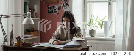 Young teenage girl studying in her room. 102241208