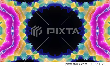 3d render. Kaleidoscope effect with abstract waves. Abstract symmetric 3D structures like liquid kaleidoscope, smooth color gradients with glow glitter. Beautiful abstract bg 3d pattern. 102241209