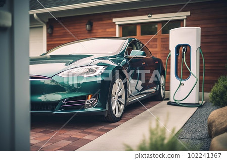 Illustration of family house with electric car and charging station,created with Generative AI technology. Illustration of family house with electric car and charging station,created with Generative AI technology. 102241367
