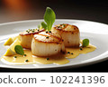 Close up of pan seared diver scallops with lemon beurre blanc, created with Generative AI technology. 102241396