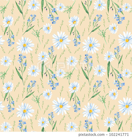 Seamless watercolor pattern with wildflowers, forget-me-not, camomile on beige background. Can be used for fabric prints, gift wrapping paper, kitchen textile. 102241771