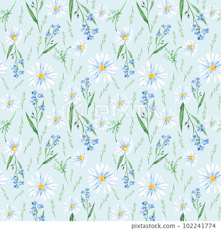 Seamless watercolor pattern with wildflowers, forget-me-not, camomile on blue background. Can be used for fabric prints, gift wrapping paper, kitchen textile. Seamless watercolor pattern with wildflowers, forget-me-not, camomile on blue background. Can be used for fabric prints, gift wrapping paper, kitchen textile. 102241774