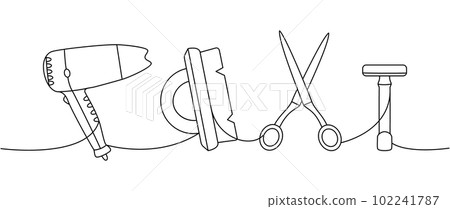 Set of barber shop tools one line continuous drawing. Hair dryer, hairdresser brush, scissors, shaving razor continuous one line illustration. Set of barber shop tools one line continuous drawing. Hair dryer, hairdresser brush, scissors, shaving razor continuous one line illustration. 102241787