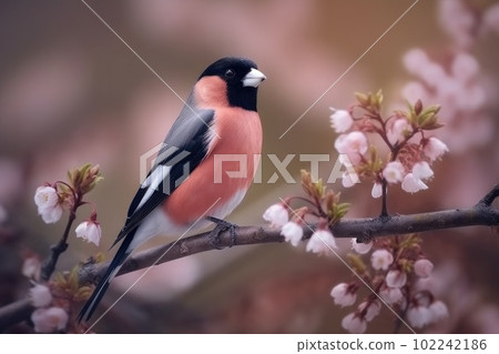 Puffy fluffy bullfinch witting on the tree, pink background Puffy fluffy bullfinch witting on the tree, pink background 102242186