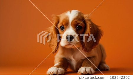 Cute small spaniel puppy on orange background with copy space, banner 102242202