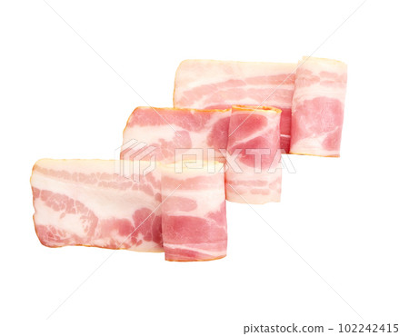 Smoked bacon slices isolated, top view. 102242415